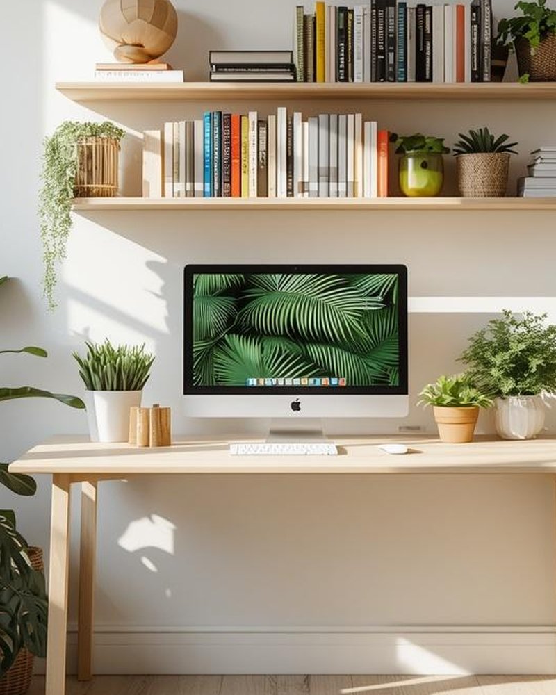 Content Benefit home office with plants